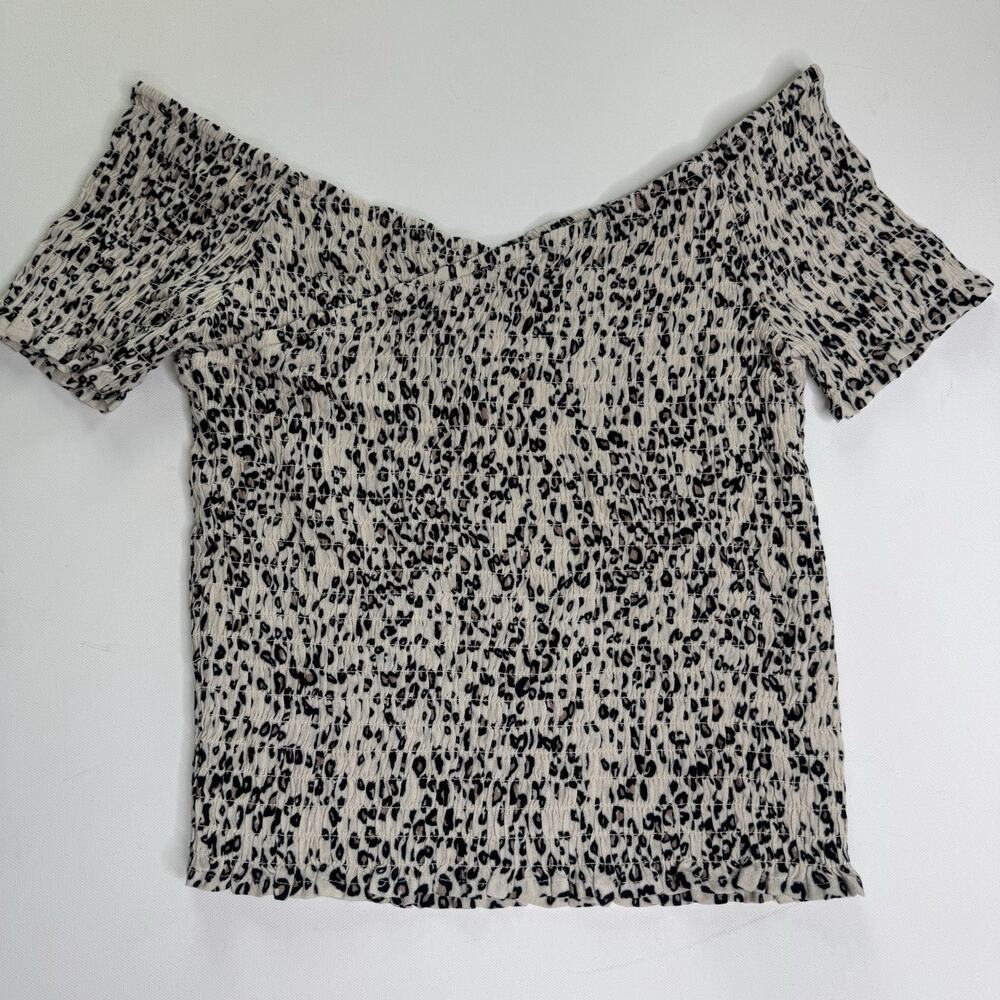 Saltwater Luxe Leopard Print Smocked Off Shoulder Top Boho Short Sleeve S NWT